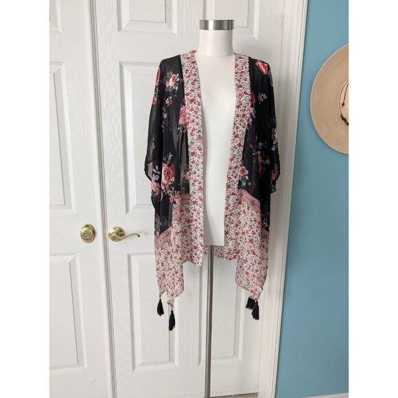 Xhilaration Womens Kimono Floral Print Fringe Open Front 3/4 Sleeve Sheer Sz M/L - Picture 2 of 6